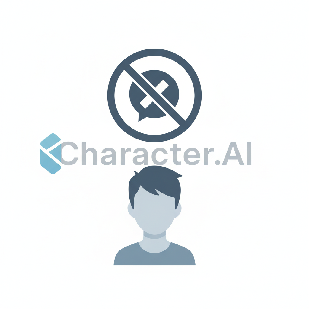 A stylized infographic showing a crossed-out chat bubble icon over a silhouette of a young person, with the Character.AI logo faintly in the background. The overall mood is serious but informative, using a clean infographic style. No text.
