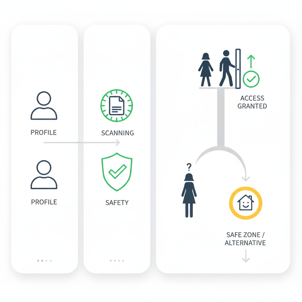 A clean infographic illustrating a multi-step age verification process with icons: a user profile, a scanning icon, and a shield for safety. Show a young Korean person's silhouette being guided towards a "safe zone" or alternative, while adults pass through. Clean infographic style, no text.