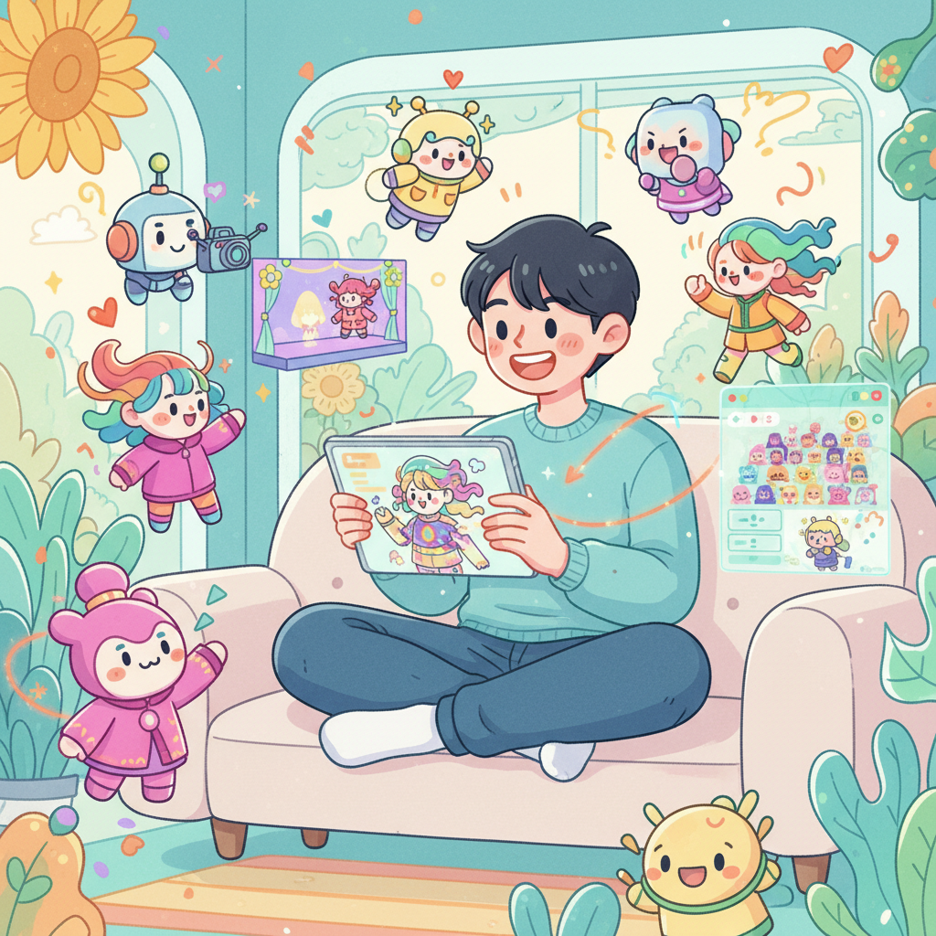 A vibrant illustration of a young Korean person happily creating an AI character, making a short video, or streaming on a tablet, surrounded by friendly, cartoonish AI characters. Emphasize creativity and non-chat activities. Colorful illustration style, no text.