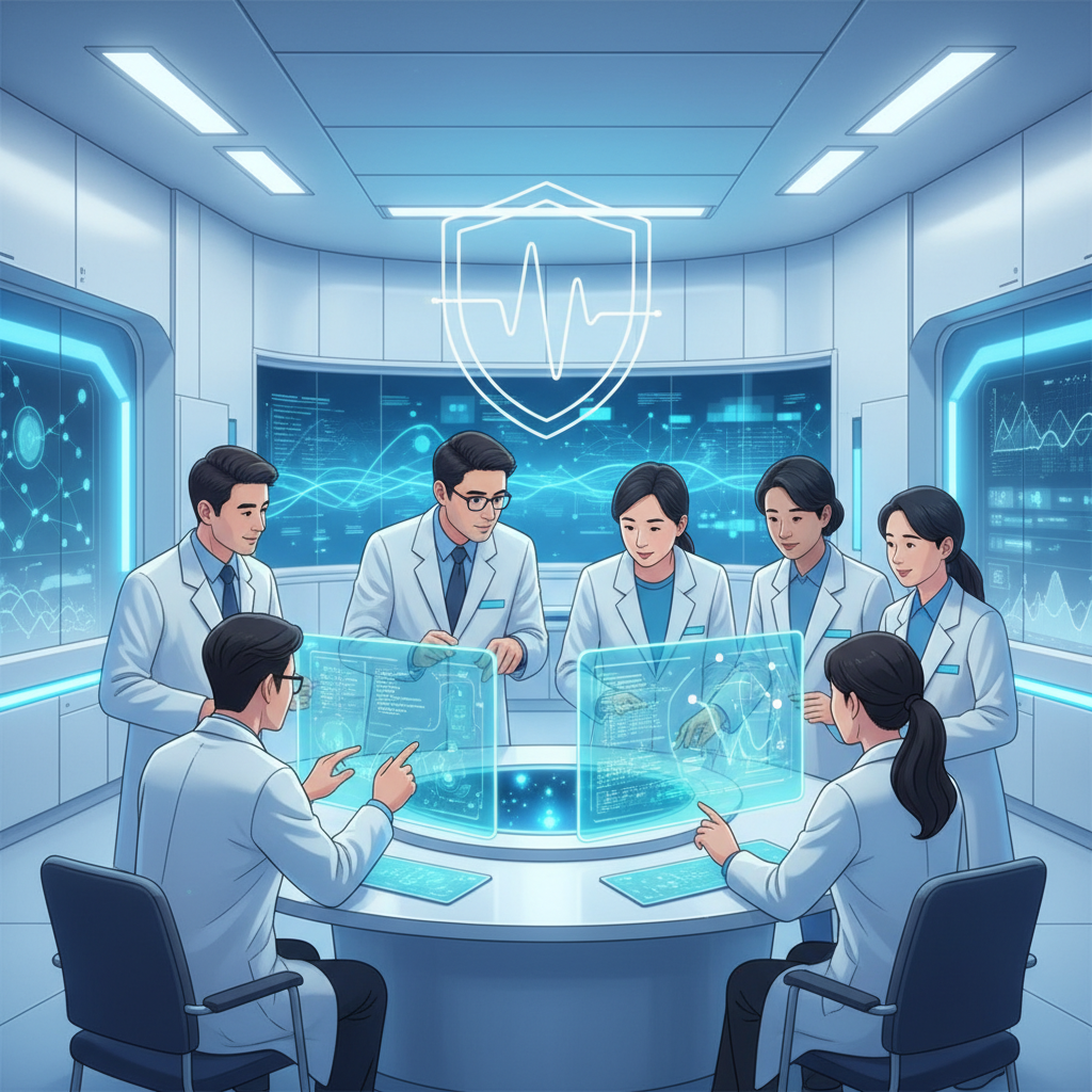 An illustrative image of a group of diverse Korean people (scientists/researchers) in a modern, clean lab setting, working on glowing AI interfaces. There's a subtle protective barrier or shield symbol integrated into the design, representing AI safety and ethical development. Focus on collaboration and future-oriented research. Clean infographic style, no text.