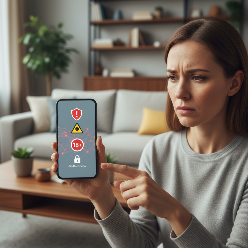 A concerned parent looking at smartphone screen showing AI chatbot interface, with warning symbols and age restriction icons visible, realistic lighting, modern home setting, lifestyle photography, no text