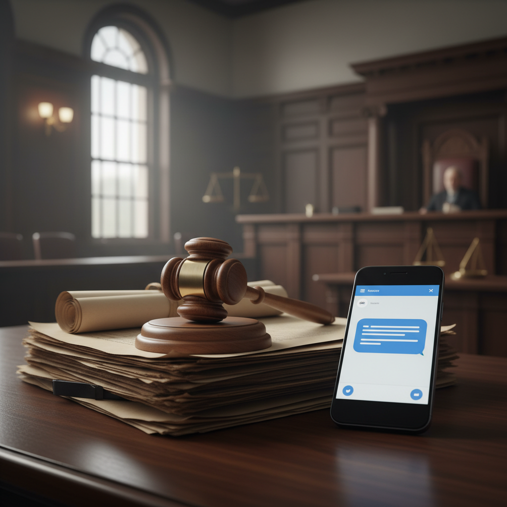 Legal documents and gavel on desk with smartphone showing AI chatbot interface, courtroom atmosphere, serious tone with natural lighting, professional photography, no text