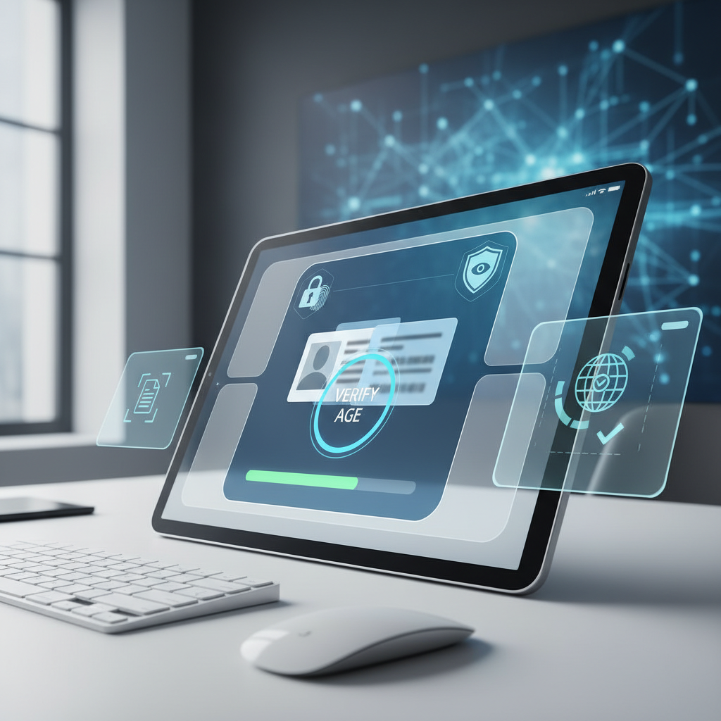 Digital age verification interface on tablet screen with ID cards and security icons, modern tech setup, clean professional environment, infographic style, no text
