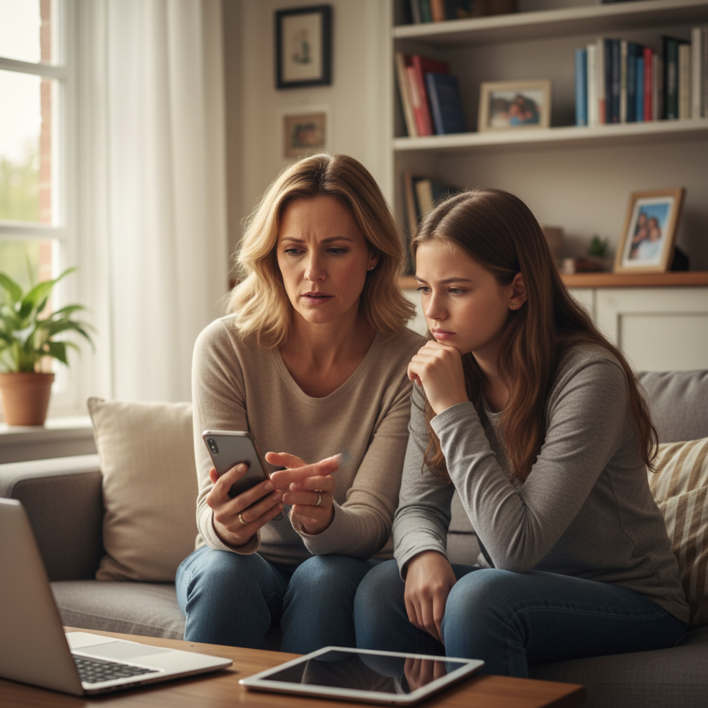 Parent and teenager having serious conversation about smartphone and AI safety, warm home environment, natural lighting, concerned but caring atmosphere, lifestyle photography, no text