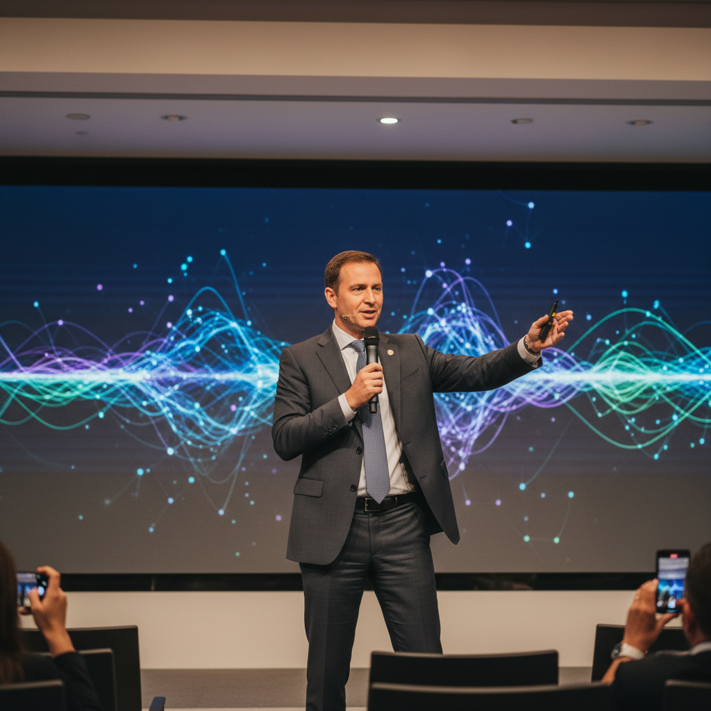 A professional man, possibly a CEO, on a stage with a microphone, gesturing while discussing the future of AI audio models at a tech conference. The background shows a large screen with abstract AI-related graphics. Style: conference photography, natural lighting, no text.