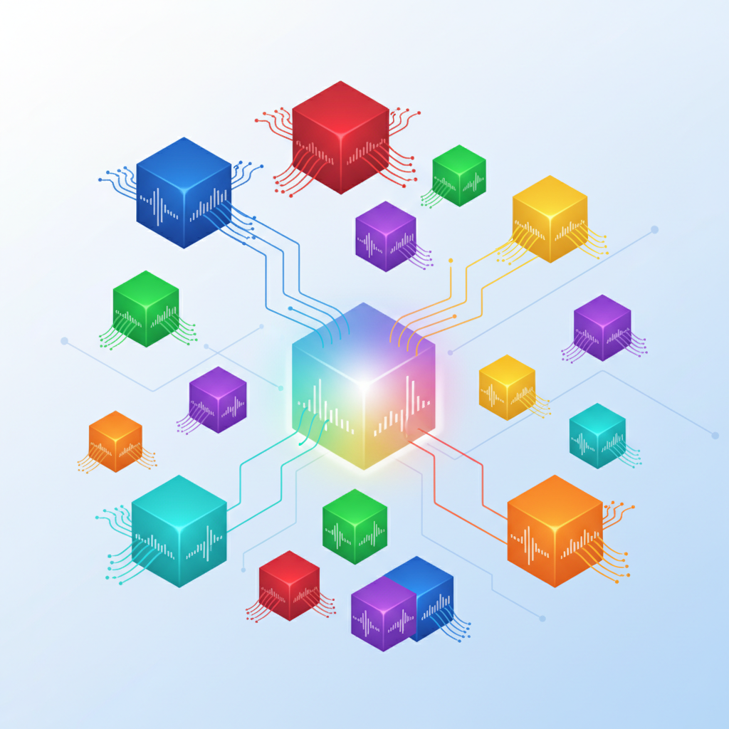 An infographic showing various AI audio models represented by different colorful cubes, each with sound waves emanating from them, converging towards a central, larger application. Emphasize competition and variety in a clear, clean style. No text.