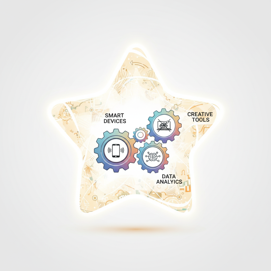 A modern, clean illustration showing gears representing AI technology interlocking with gears representing various applications (e.g., smart devices, creative tools), resulting in a bright, glowing outcome symbolizing new value and innovation. Style: clean infographic, no text.