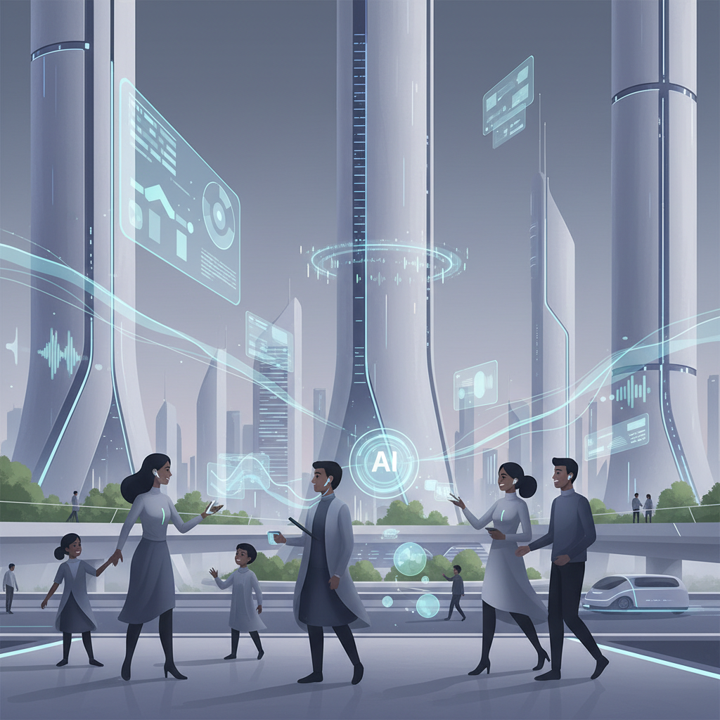 A futuristic, clean illustration of a cityscape with subtle holographic interfaces and sound wave patterns gently integrating into daily life, showing people interacting effortlessly with AI audio tech. Style: minimalist illustration, soft lighting, no text.