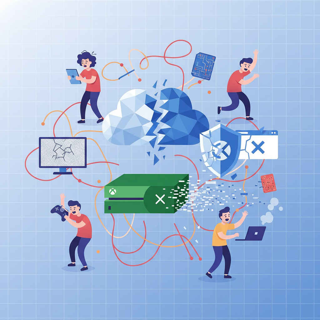 A digital illustration showing various digital services like cloud icons, game consoles (Xbox), and web browsers (Microsoft 365) being disrupted, with some frustrated users looking at their devices. The overall mood is confusion and inconvenience. Clean infographic style, no text in image.