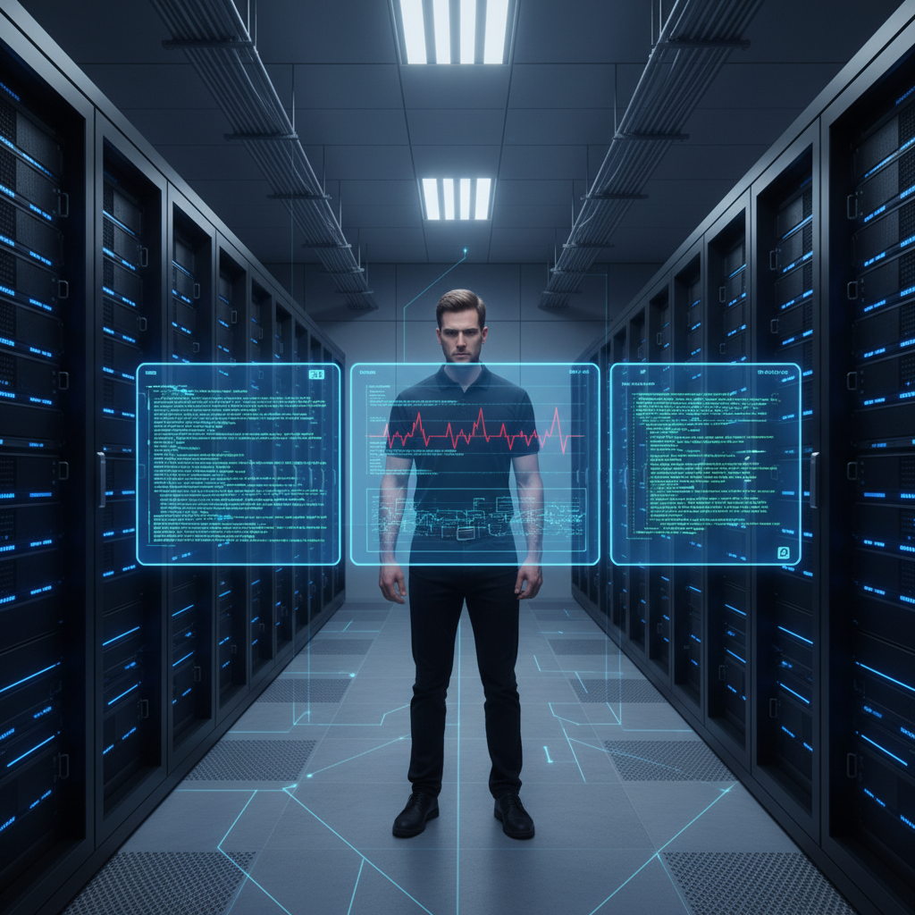 A professional IT engineer in a modern server room, looking at multiple screens displaying error logs and network graphs. The atmosphere is focused and analytical, with blue light from server racks. Style: professional infographic, no text in image.