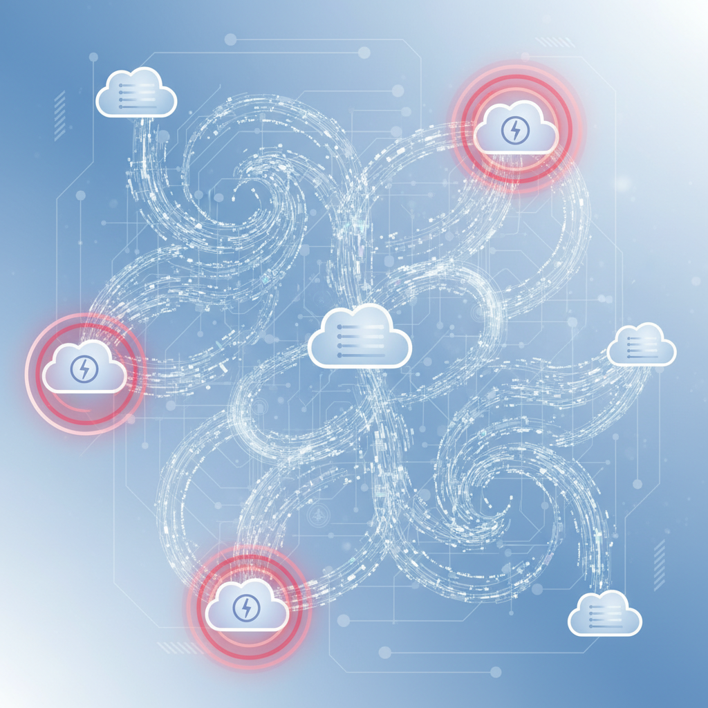 An abstract, clean infographic showing interconnected cloud servers and data flow, with some points highlighted as potential failure nodes. The design should convey complexity and interdependence. Soft blue and white colors, no text in image.