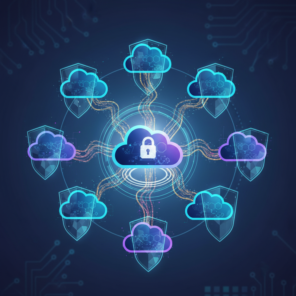 A futuristic, clean infographic showing secure data flowing between multiple cloud icons, representing redundancy and advanced security measures. The overall feel is stability and innovation. Use a vibrant yet professional color palette, no text in image.