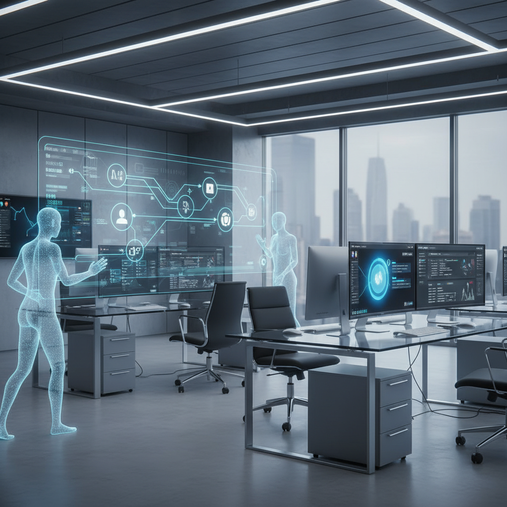 Modern office environment showing AI agents working alongside traditional SaaS interfaces on multiple screens, with digital workflow visualization, clean tech atmosphere, professional lighting, no text
