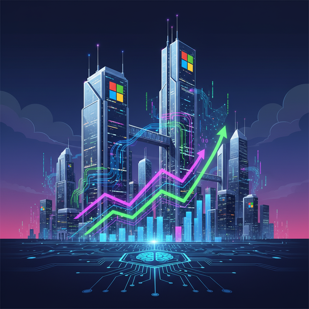 A vibrant futuristic cityscape with the Microsoft logo subtly integrated into modern buildings. Digital data streams flow between structures, representing strong earnings and AI investment. The overall style is a clean, high-tech infographic. No text in the image.