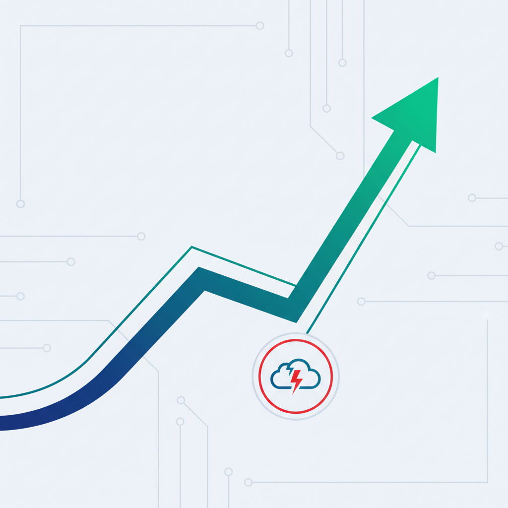 A dynamic infographic showing a strong, upward-trending financial graph in blue and green. A small, contained cloud outage symbol (like a broken cloud icon) is positioned slightly off to the side, emphasizing that the main trend remains positive despite a minor issue. The background is subtle and tech-inspired. No text.