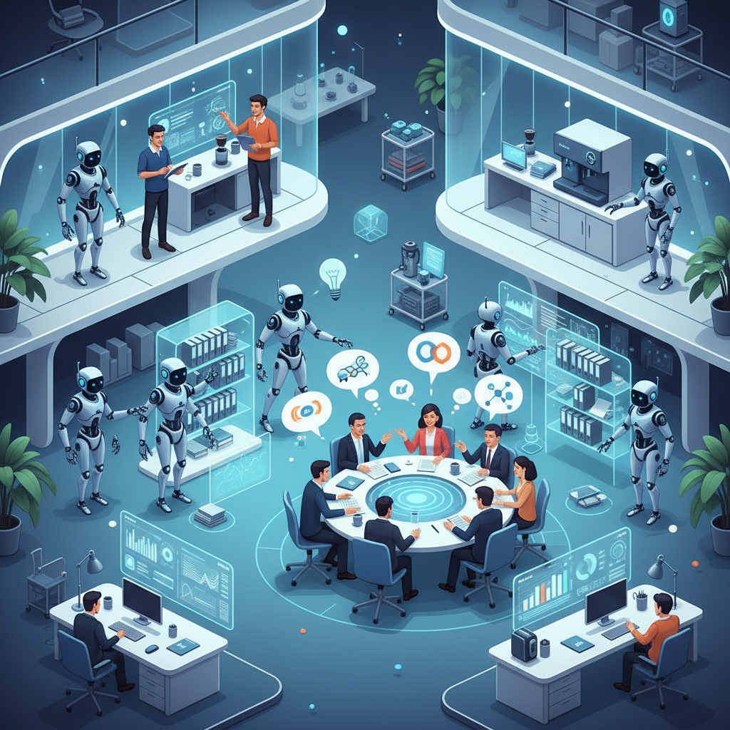 A vibrant, clean infographic showing a modern office environment where human workers and advanced AI robots collaborate seamlessly. Robots assist with data analysis and routine tasks, while humans focus on creativity and strategy. The atmosphere is efficient and futuristic. No text in the image.