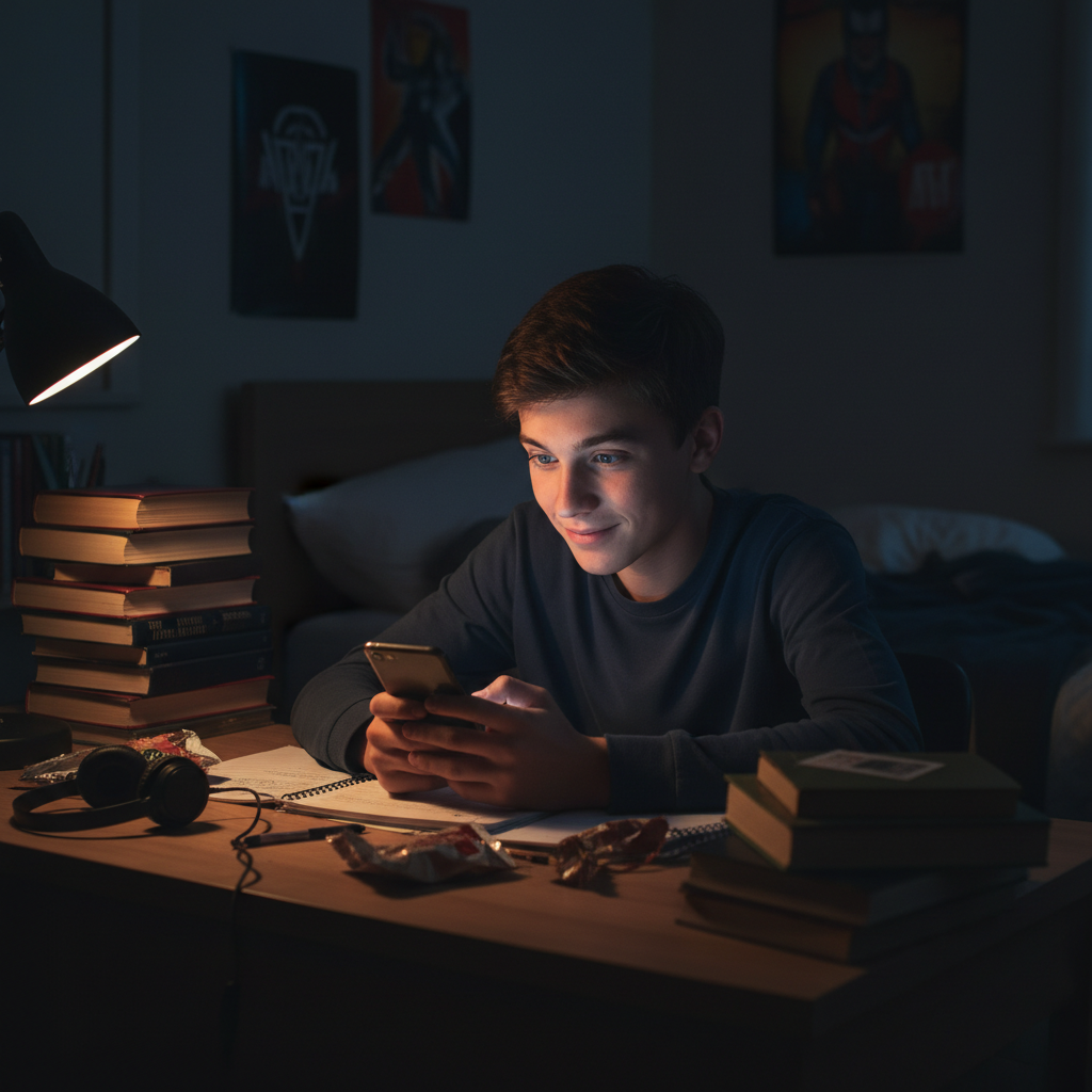 A teenage boy sitting at his desk in a dimly lit bedroom, looking at his smartphone screen with an engaged expression, late at night. The room has typical teen elements like posters and books. Warm lighting from the phone screen illuminates his face. Lifestyle photography style, no text.