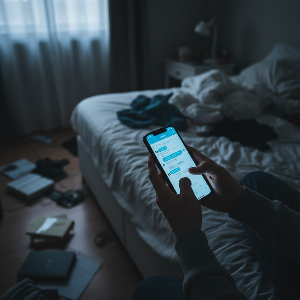Close-up of hands holding a smartphone in a dark room, with chat conversation visible on screen. The background shows a messy bedroom with scattered items. The phone screen casts a blue glow. Night time atmosphere, realistic photography style, no text.