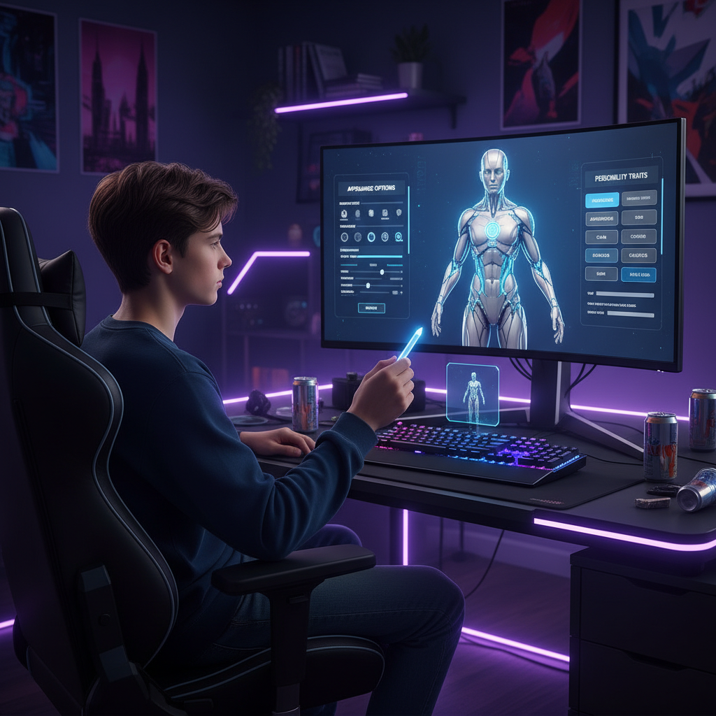 A teenage boy customizing an AI character on his computer screen, with various appearance and personality options visible. Modern bedroom setup with gaming chair and desk. The screen shows character creation interface. Realistic lifestyle photography, no text.
