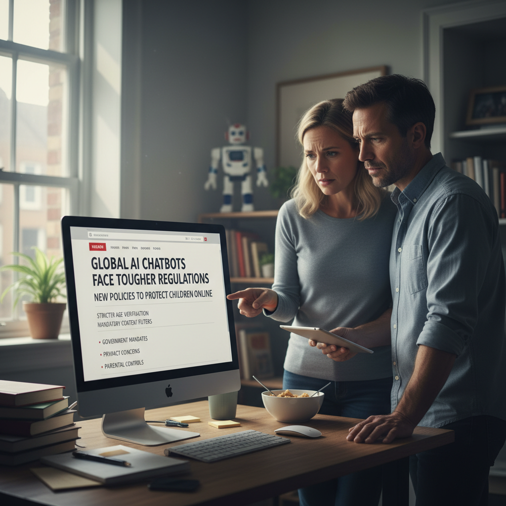 A computer screen showing news headlines about AI chatbot restrictions, with concerned parents in the background. Office or home setting with natural lighting. The screen displays policy changes and safety warnings. Documentary style photography, no text.
