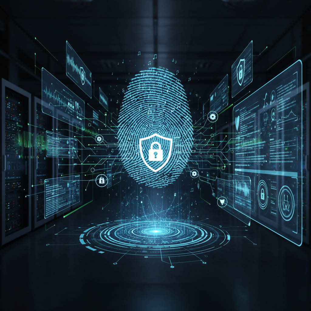 Digital security concept for music copyright protection, showing fingerprinting technology and content identification systems. Professional tech environment with security icons and music data visualization. No text.