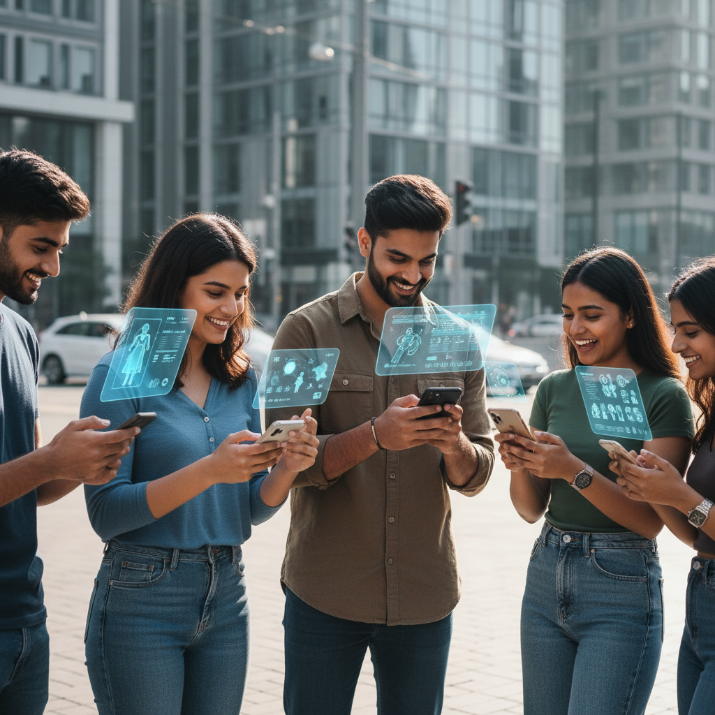 Young Indian users aged 18-25 using smartphones with AI applications, modern urban setting, diverse group of people interacting with mobile technology, natural daylight, lifestyle photography, no text