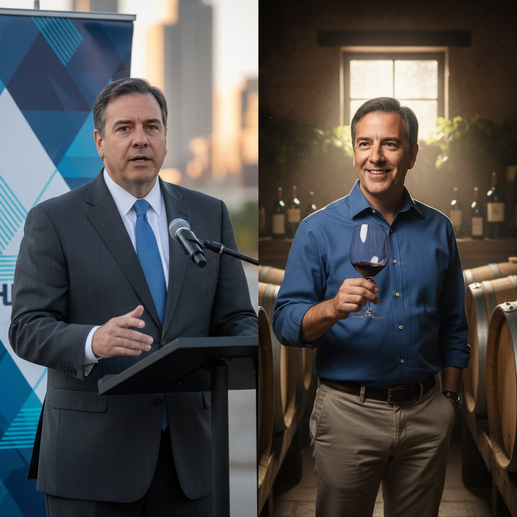 A split image. On one side, a distinguished-looking man who resembles Bill de Blasio (the real one) giving a public speech. On the other side, a man in a winery setting, holding a glass of wine, smiling casually. Both images are clear and realistic. No text.