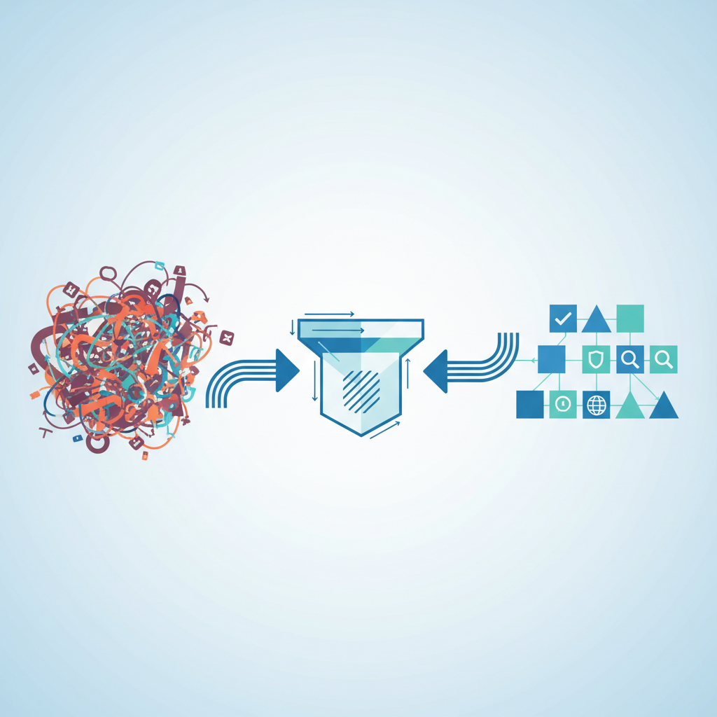 An abstract, clean infographic showing information flowing through a filter. On one side, messy, chaotic data (representing fake news), and on the other side, clear, verified information. Emphasize the filtering process with clean lines and icons. Style: clean infographic. No text.