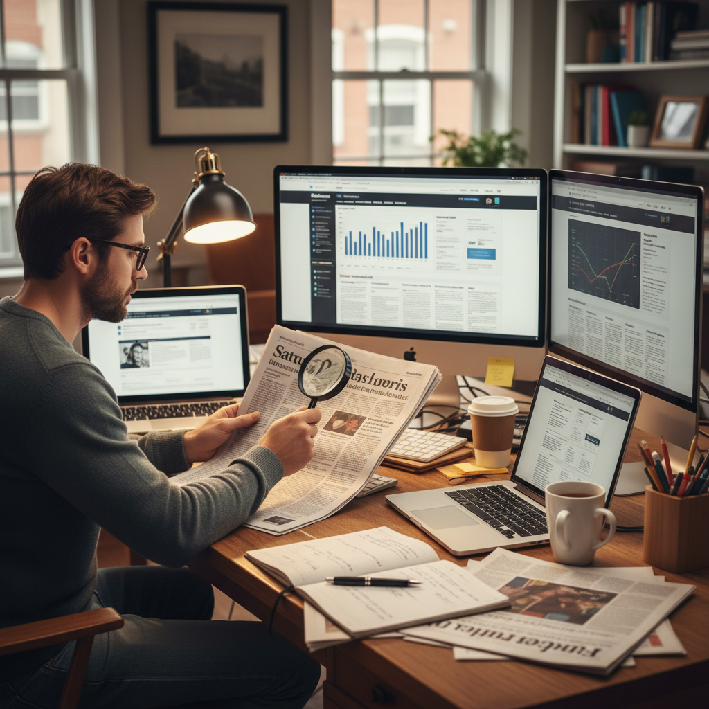 A person sitting at a desk, looking at multiple screens and newspapers, actively cross-referencing information. The scene conveys a sense of careful verification and critical thinking. Style: lifestyle photography. No text.