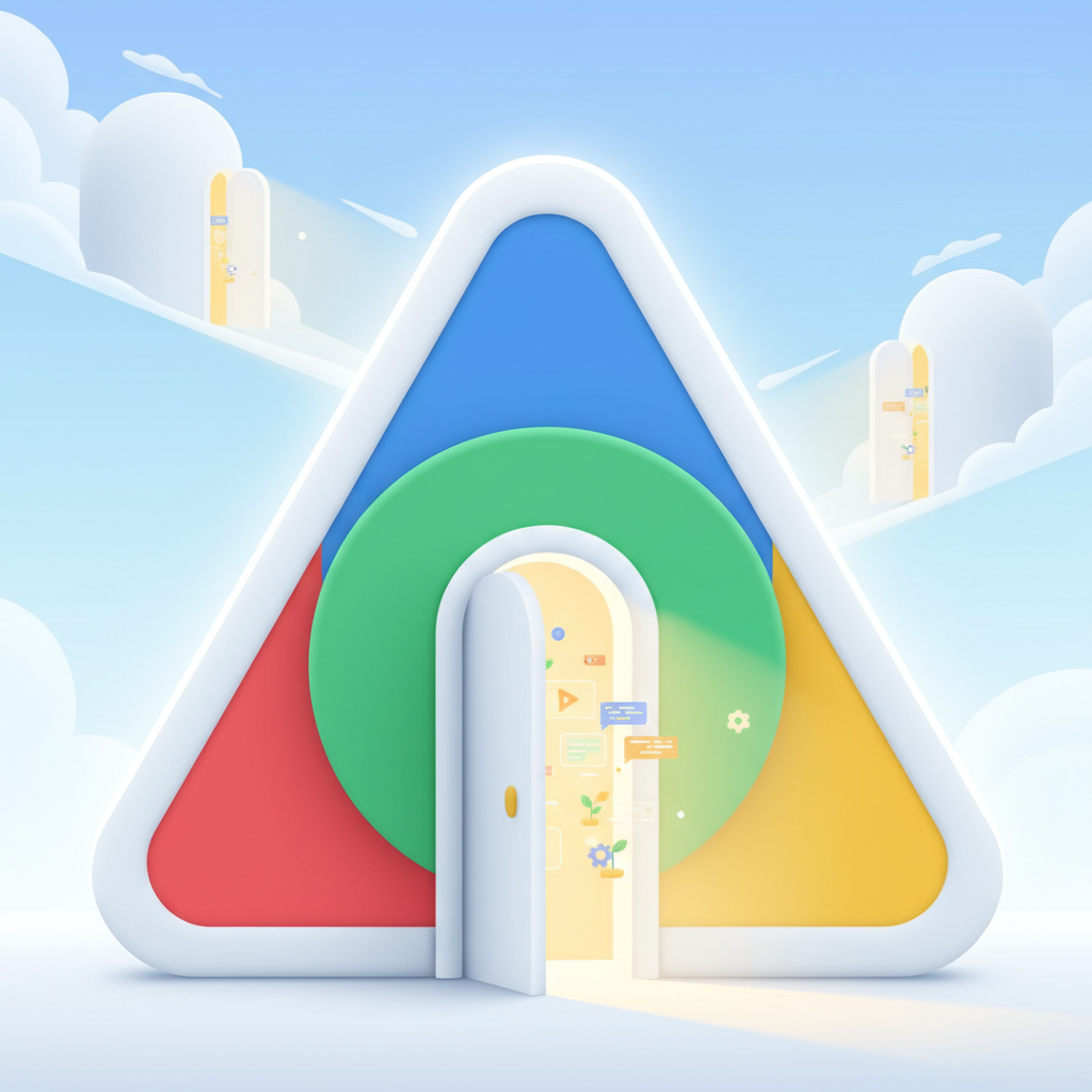 An illustration of the Google Play Store icon with an open door or a slight crack, symbolizing new freedoms for developers. Bright and clean style. No text.