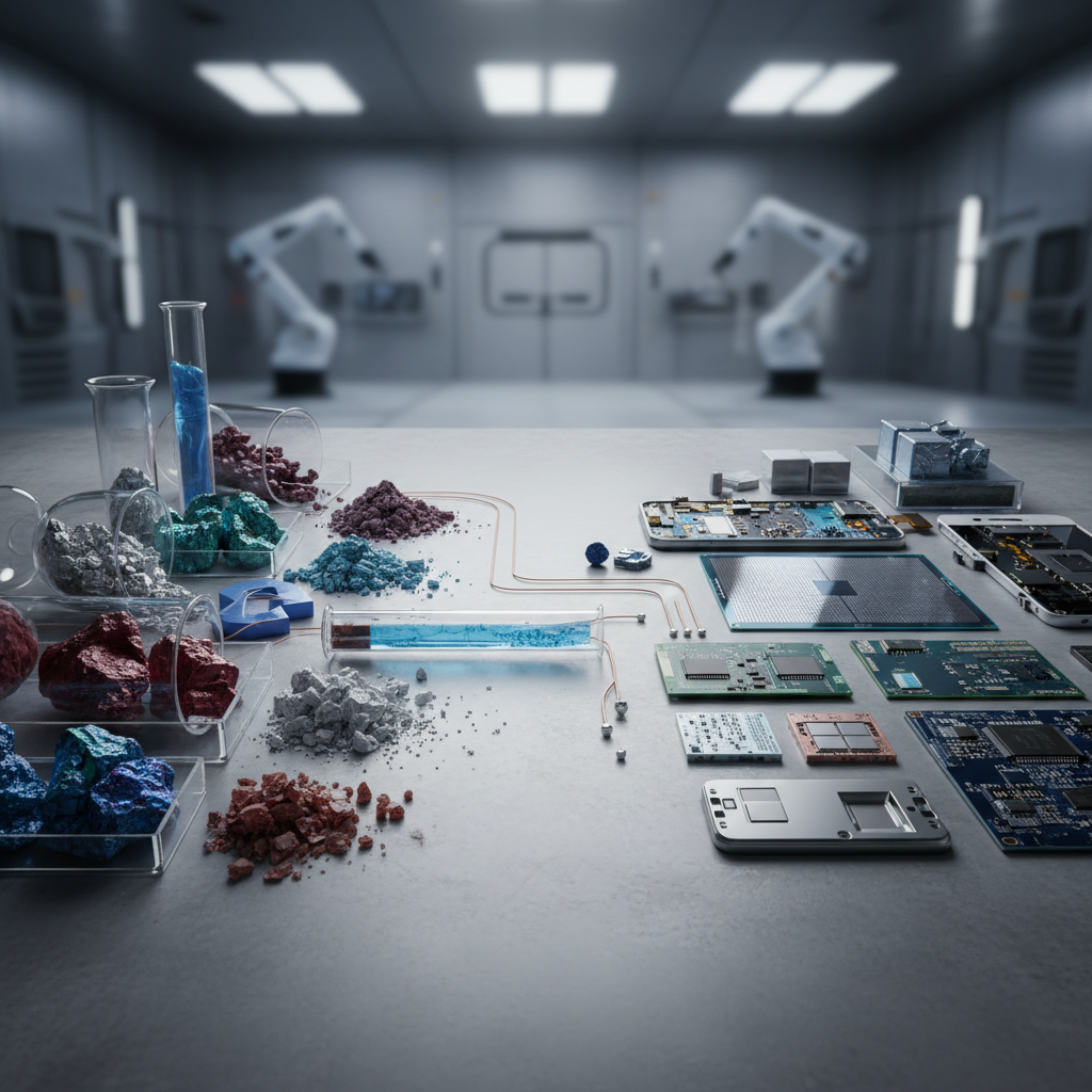 Rare earth minerals and high-tech devices like semiconductors and smartphones arranged together, industrial photography style, clean background, highlighting the connection between raw materials and technology, no text