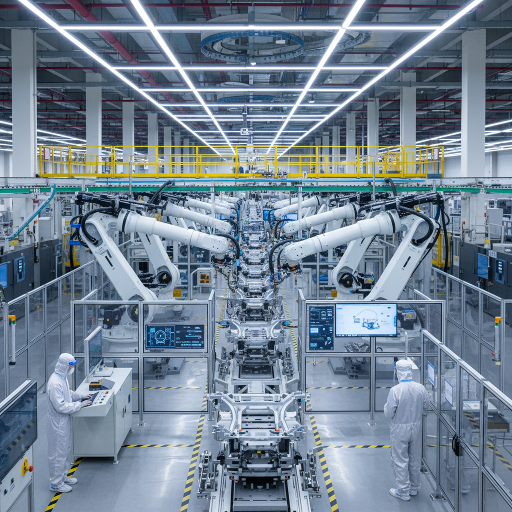 Modern Chinese manufacturing facility with advanced robotics and technology equipment, industrial setting, workers in clean uniforms, bright lighting, showcasing technological advancement, no text