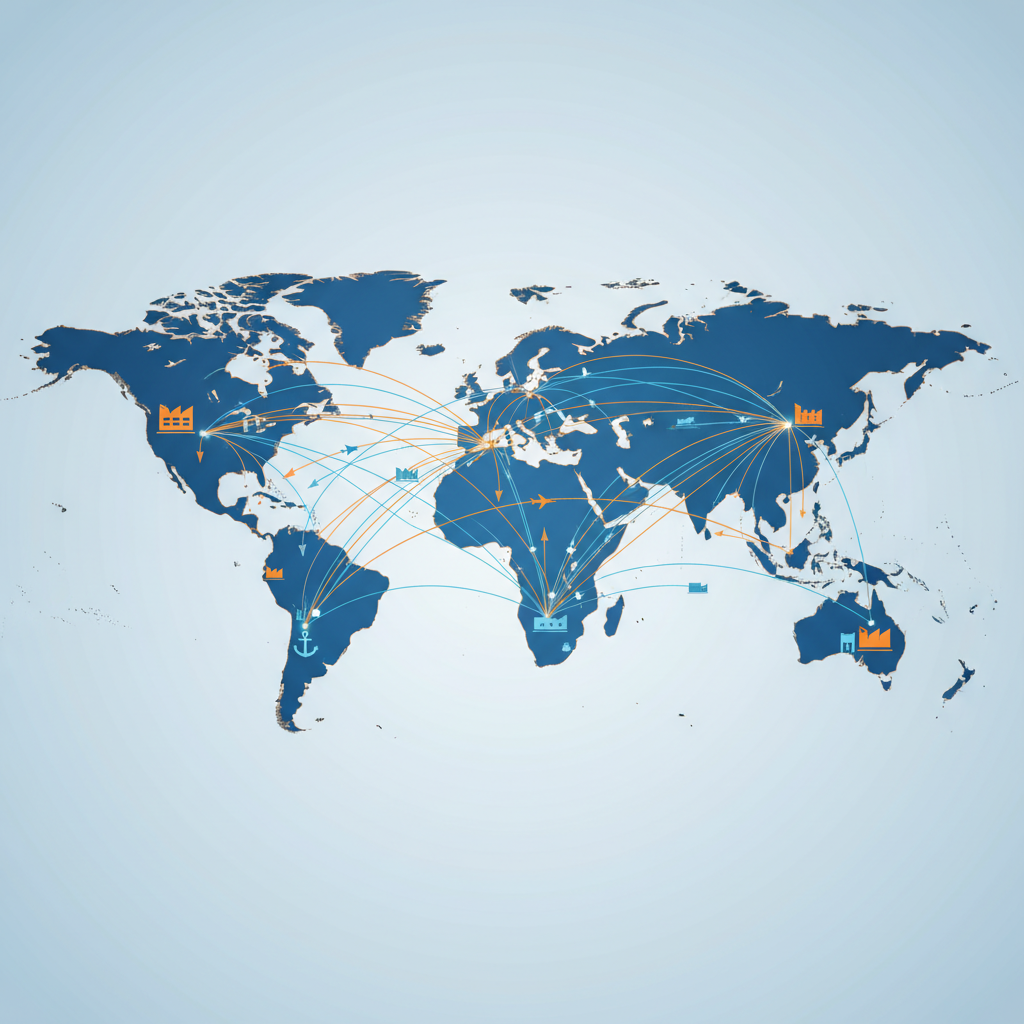 World map showing global trade routes and supply chains with shipping containers and cargo planes, infographic style, interconnected network visualization, blue and orange color scheme, no text