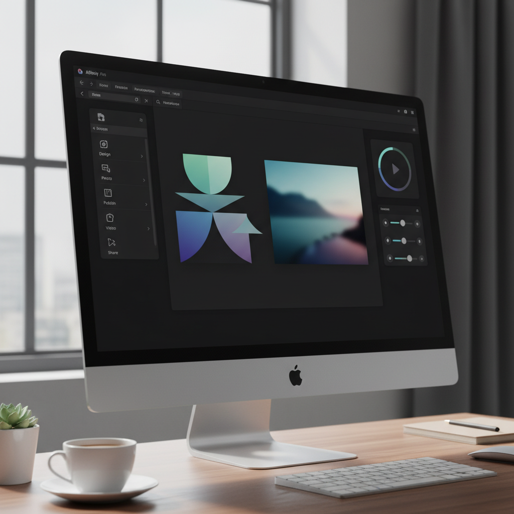 Clean modern computer screen displaying the new unified Affinity by Canva app interface with sleek design elements, professional workspace setting, natural lighting, no text