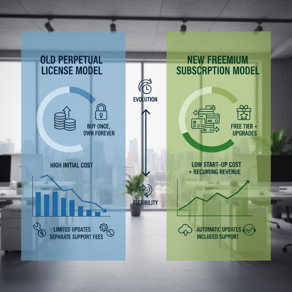Professional infographic comparing old perpetual license model versus new freemium subscription model, clean business-style visualization with charts and icons, modern office background, no text