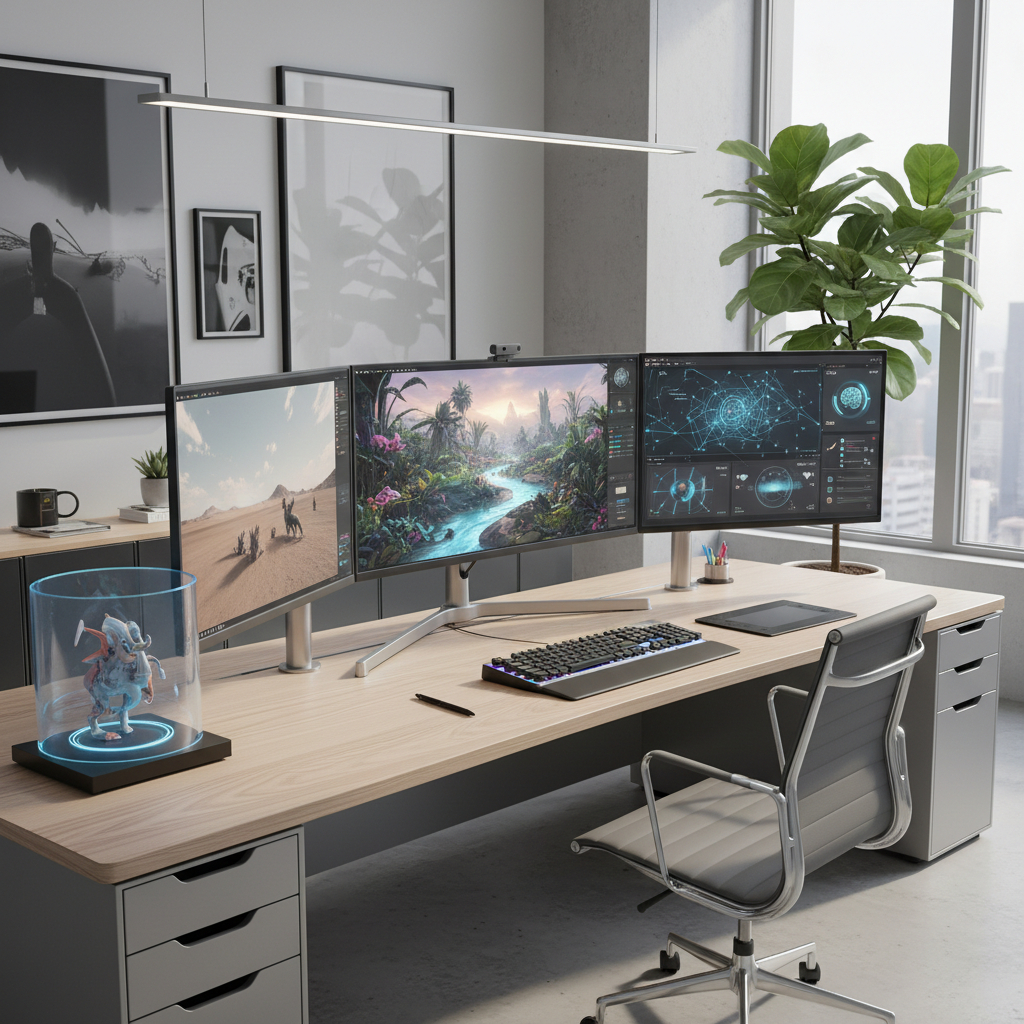 Professional designer workspace showing AI-powered image editing features in action, clean modern studio environment with multiple monitors, creative atmosphere, natural lighting, no text