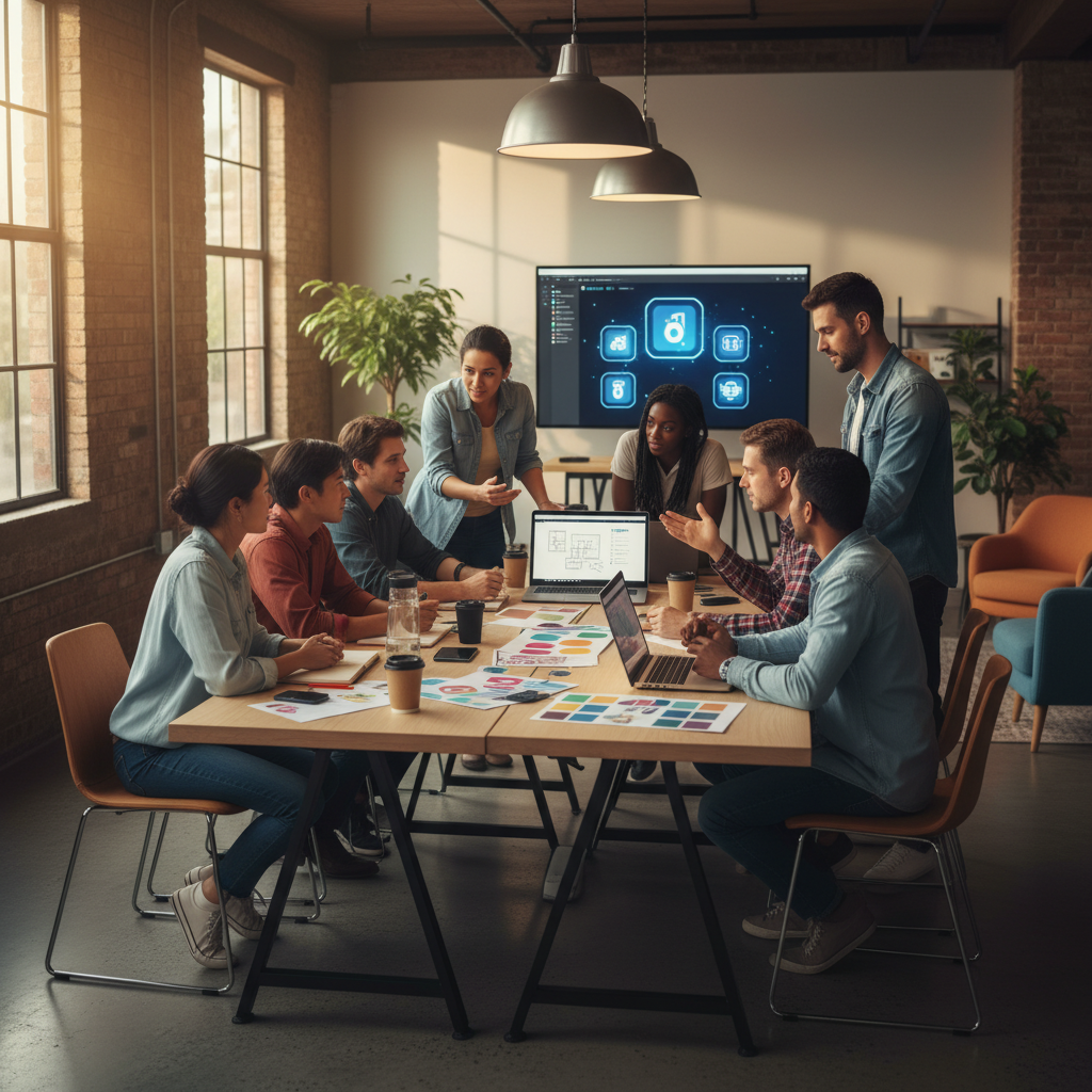 Diverse group of creative professionals discussing software updates in modern co-working space, laptops and design materials on table, collaborative atmosphere, warm lighting, no text