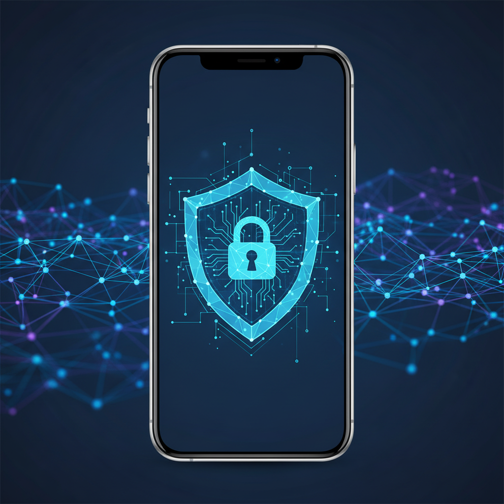 A modern smartphone screen displaying a digital shield icon, representing strong cybersecurity. The background is a clean, abstract design with subtle technological elements. Style: clean infographic. No text.
