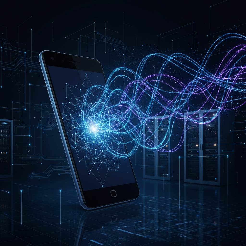 A stylized image of a Pixel phone with data streams visibly flowing out of its screen. The data streams are depicted as glowing lines, suggesting information being extracted. The background is dark and tech-focused, implying a breach. Style: clean infographic. No text.