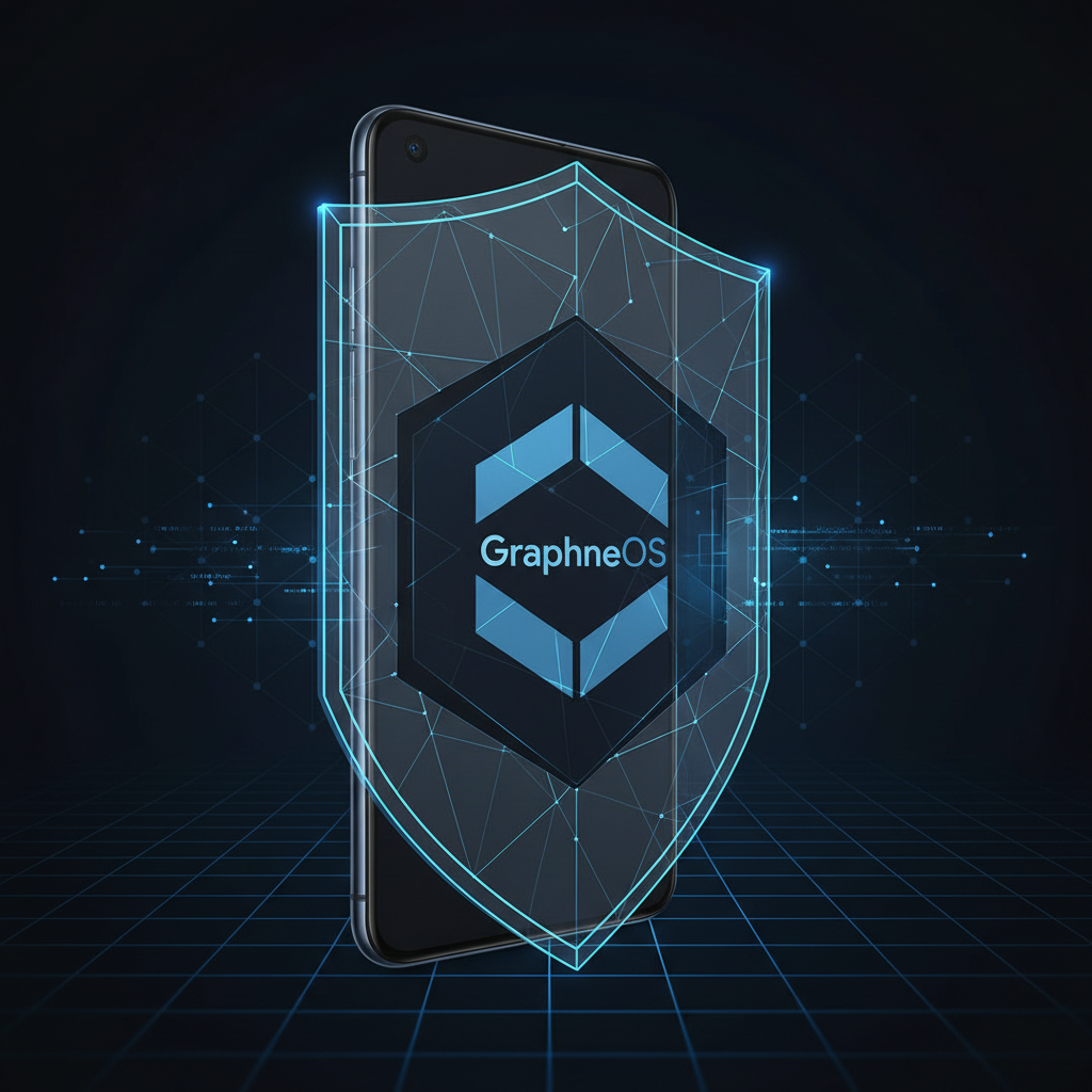 A secure Pixel phone with the GrapheneOS logo subtly integrated into a digital shield or a protective layer around the device. The image emphasizes robust security and data integrity. Style: clean infographic. No text.