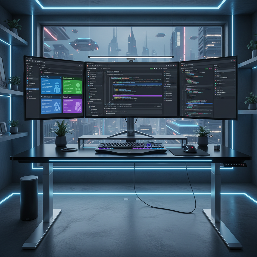 Modern developer workspace showing GitHub interface with multiple AI coding assistants integrated, clean tech environment with multiple monitors, professional lighting, futuristic but realistic setting, no text