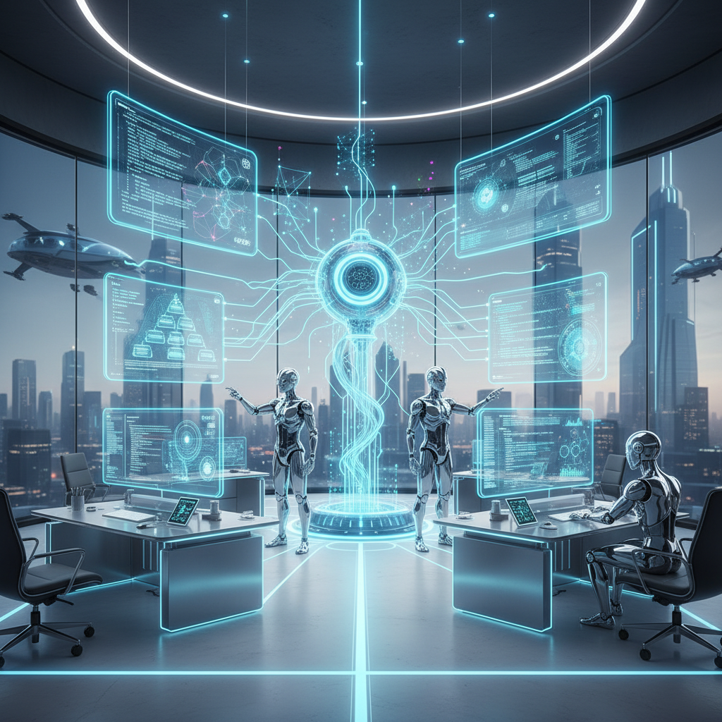 Futuristic development environment showing various AI coding tools connected through a central hub, holographic interfaces, multiple AI assistants working together, clean tech aesthetic, professional workspace, no text