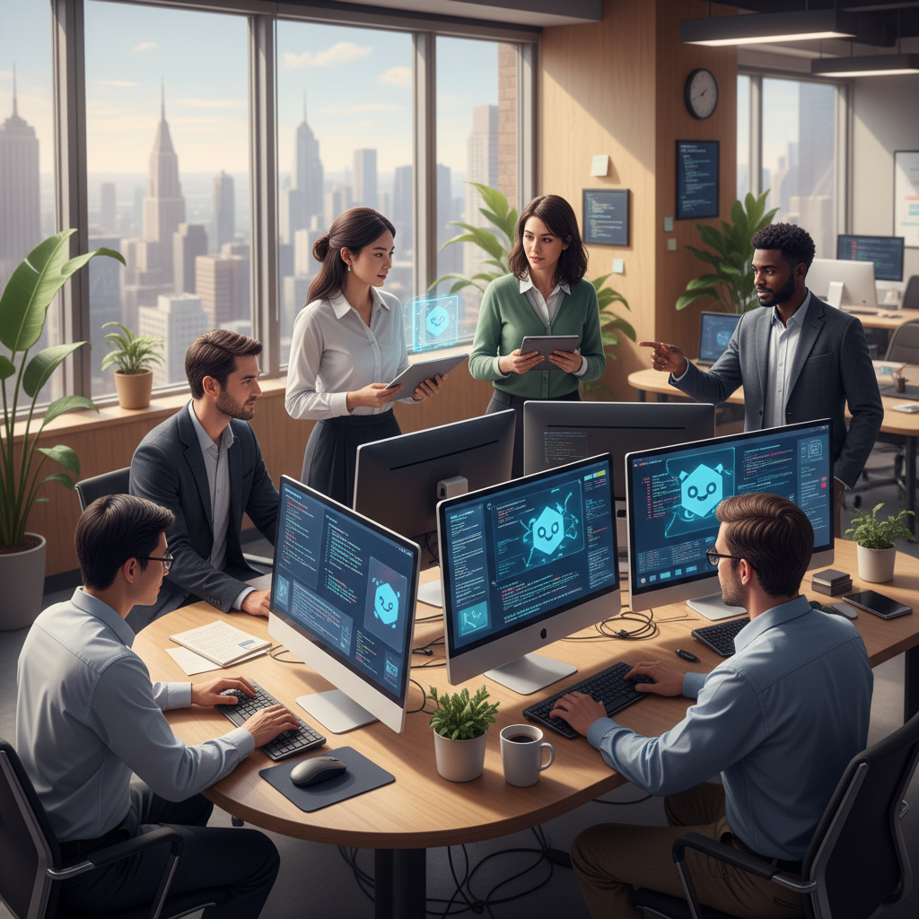 Diverse team of developers collaborating with AI coding assistants, modern office environment, multiple screens showing code and AI interfaces, natural lighting, professional atmosphere, teamwork scene, no text