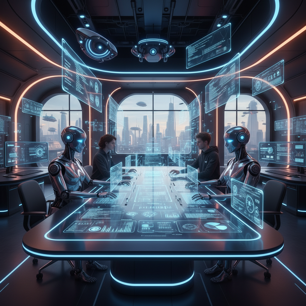 Futuristic software development workspace with AI agents and human developers working together, holographic code displays, advanced computing interfaces, innovative tech environment, collaborative atmosphere, no text
