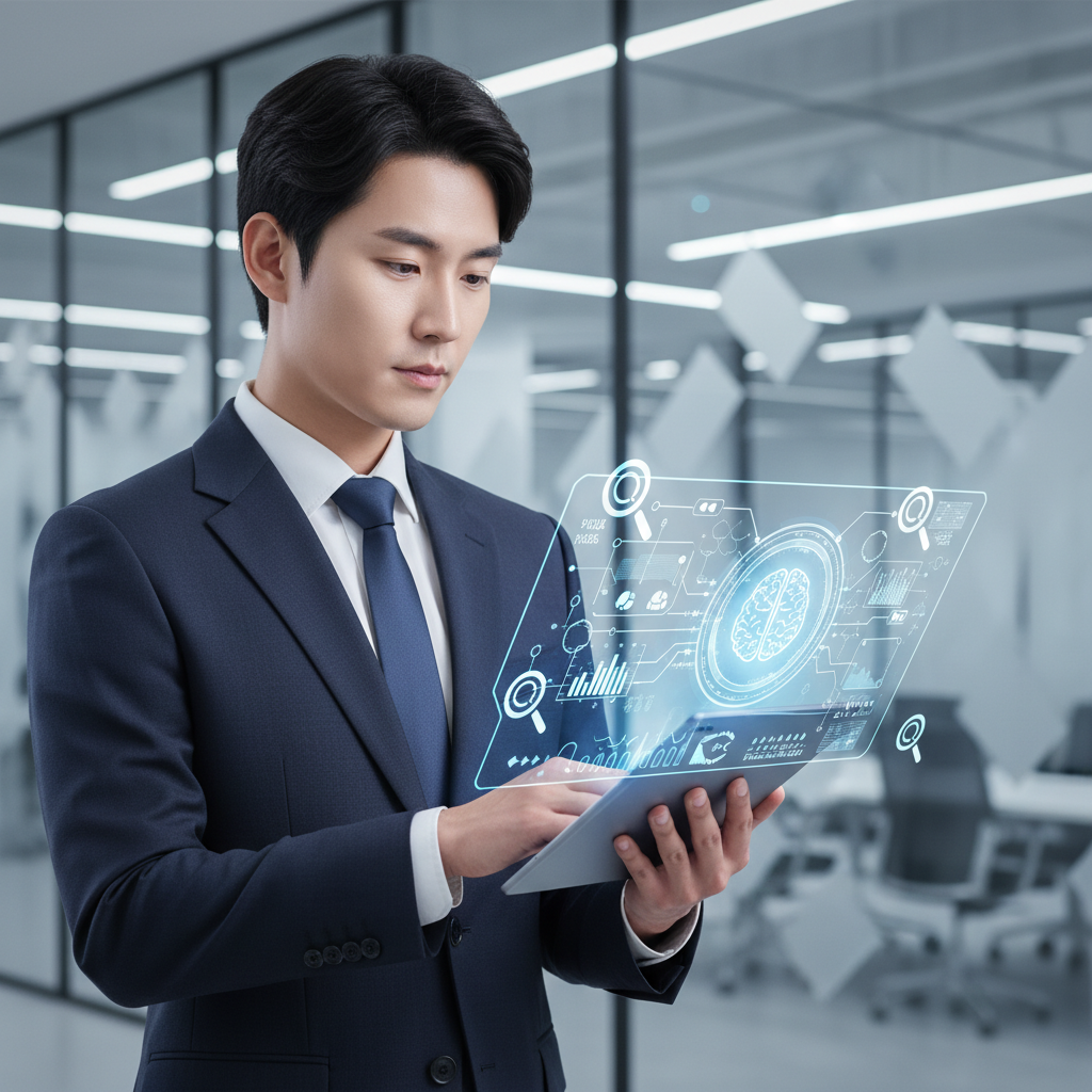 A Korean business person using a sleek AI interface on a tablet to perform patent research, with a brain icon and magnifying glass symbols floating around the screen. The interface is clean and futuristic, showing complex data simplified by AI. Style: clean infographic. No text.