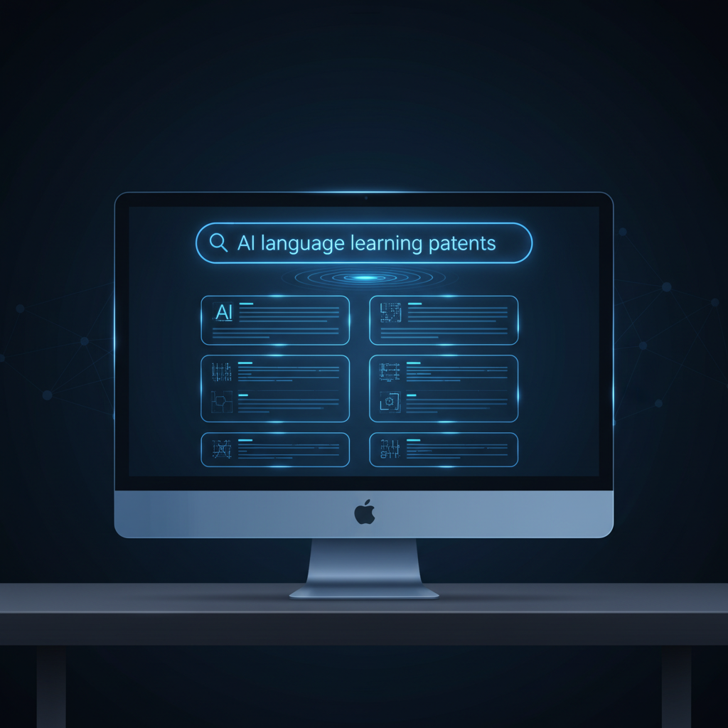 A user typing a natural language query like "AI language learning patents" into a search bar on a computer screen, with AI-generated summaries of patent documents appearing in a clean, organized list below. The screen is glowing subtly, indicating AI processing. Style: clean infographic. No text.