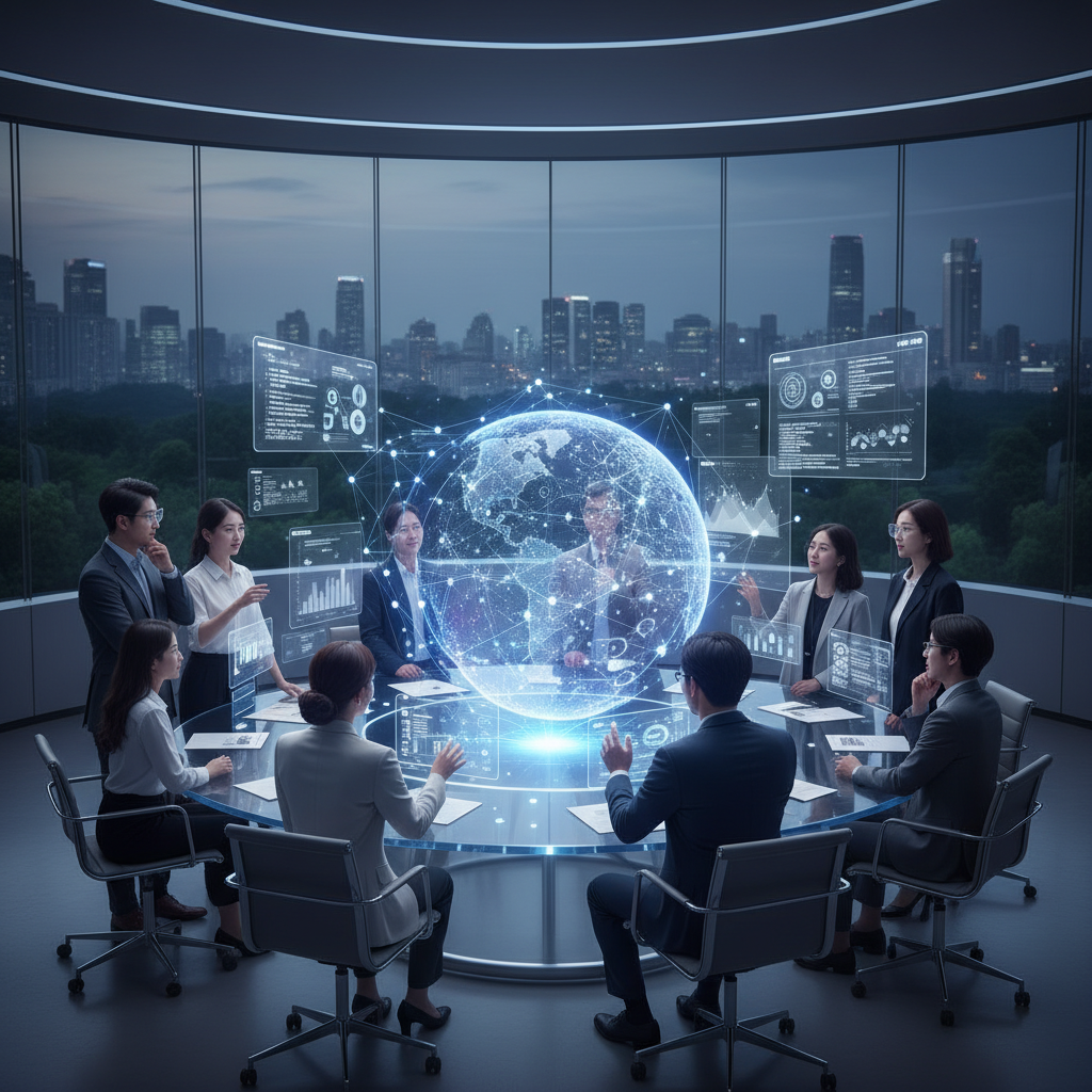 A diverse group of Korean researchers and developers collaborating around a holographic projection of complex data, seamlessly integrated with AI interfaces. The atmosphere is innovative and forward-thinking, showing human-AI partnership. Style: clean infographic. No text.