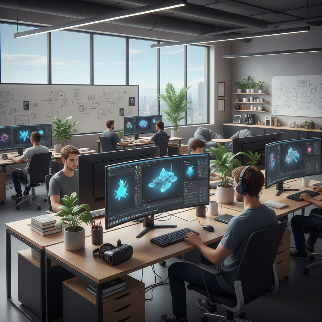 A modern tech startup office with developers working on 3D modeling software, multiple monitors displaying 3D objects being generated from text prompts, clean and innovative workspace atmosphere, natural lighting, no text