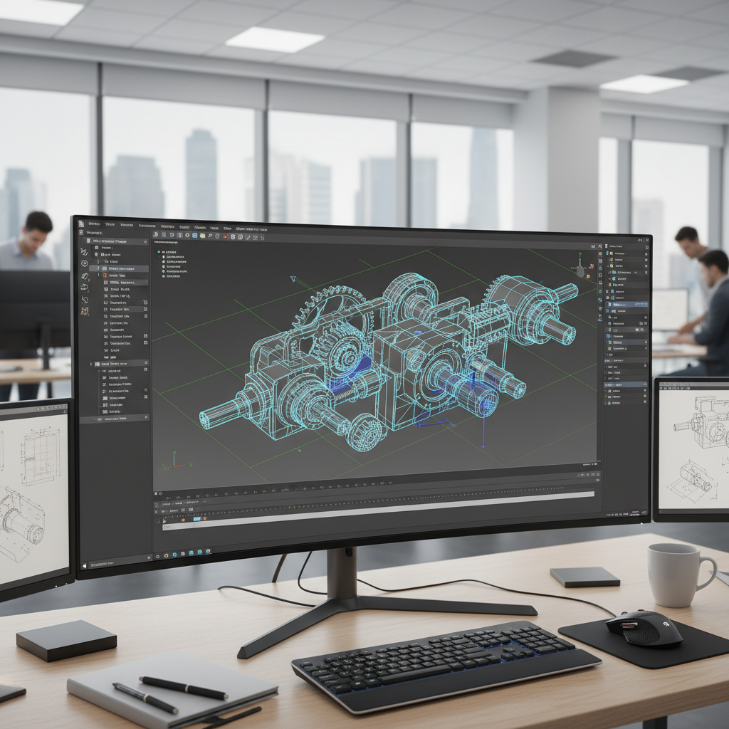 Professional CAD software interface showing 3D models being created and modified, engineering workspace with technical drawings and 3D objects, modern computer setup, clean professional environment, no text