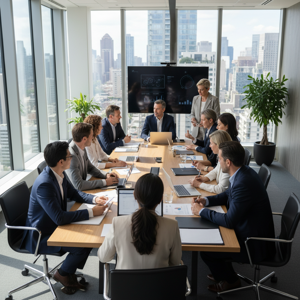 Modern conference room with diverse investors and startup founders discussing business plans, professional meeting atmosphere, laptops and documents on table, natural lighting, collaborative environment, no text